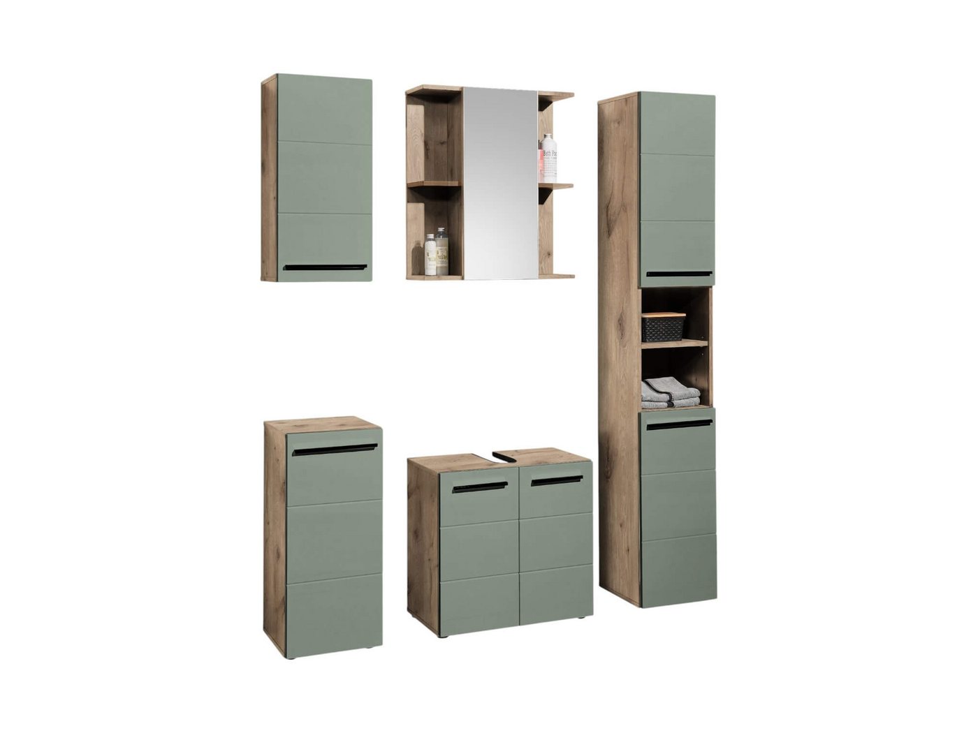 moebel-dich-auf Badezimmer-Set VALENCIA, (Hochschrank, Waschbeckenunterschrank, Spiegelschrank, Hängeschrank, Kommode, MDF-Fronten tiefgezogen, Korpus melaminbe – Bild 2 von 5