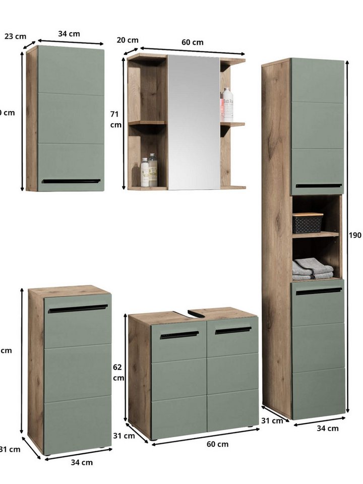 moebel-dich-auf Badezimmer-Set VALENCIA, (Hochschrank, Waschbeckenunterschrank, Spiegelschrank, Hängeschrank, Kommode, MDF-Fronten tiefgezogen, Korpus melaminbe – Bild 4 von 5