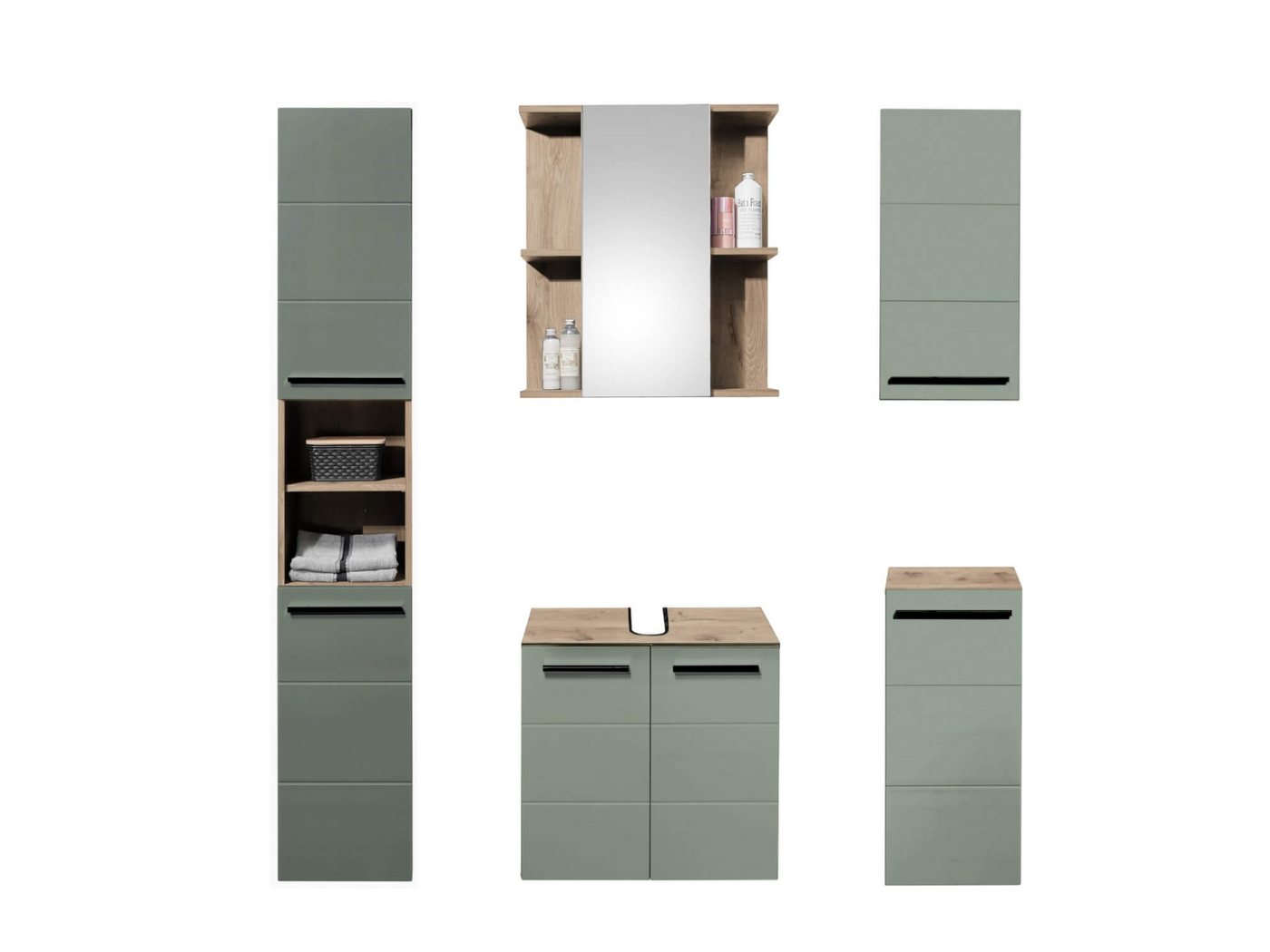 moebel-dich-auf Badezimmer-Set VALENCIA, (Hochschrank, Waschbeckenunterschrank, Spiegelschrank, Hängeschrank, Kommode, MDF-Fronten tiefgezogen, Korpus melaminbe – Bild 5 von 5