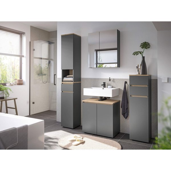 moebel-dich-auf Badmöbel-Set LONDRES, (Set 1, 4-St., Hochschrank, Spiegelschrank, Wbu, Kommode), in kaschmir oder anthrazit, Absetzung: Cremona Eiche
