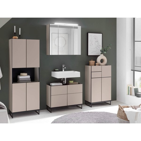 moebel-dich-auf Badmöbel-Set VENEZIA, (inklusive LED-Beleuchtung, kaschmir Spiegelschrank WBU optional mit Hoch-/Highboard), Metall Füße