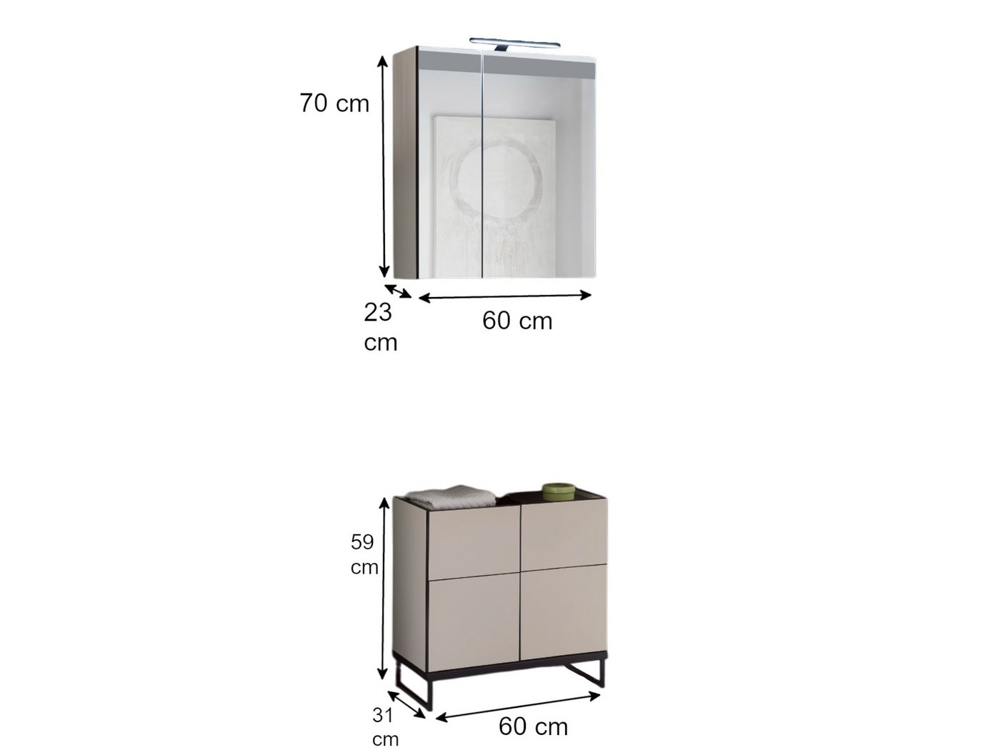 moebel-dich-auf Badmöbel-Set VENEZIA, (inklusive LED-Beleuchtung, kaschmir Spiegelschrank WBU optional mit Hoch-/Highboard), Metall Füße – Bild 3 von 5