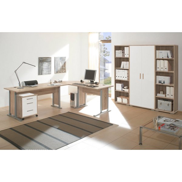 moebel-dich-auf Büromöbel-Set OFFICE LINE, (Spar-Set, 5-tlg., Winkelschreibtisch mit Rollcontainer + Aktenschrank + 2 Aktenregale), in Eiche Sonoma / weiß matt