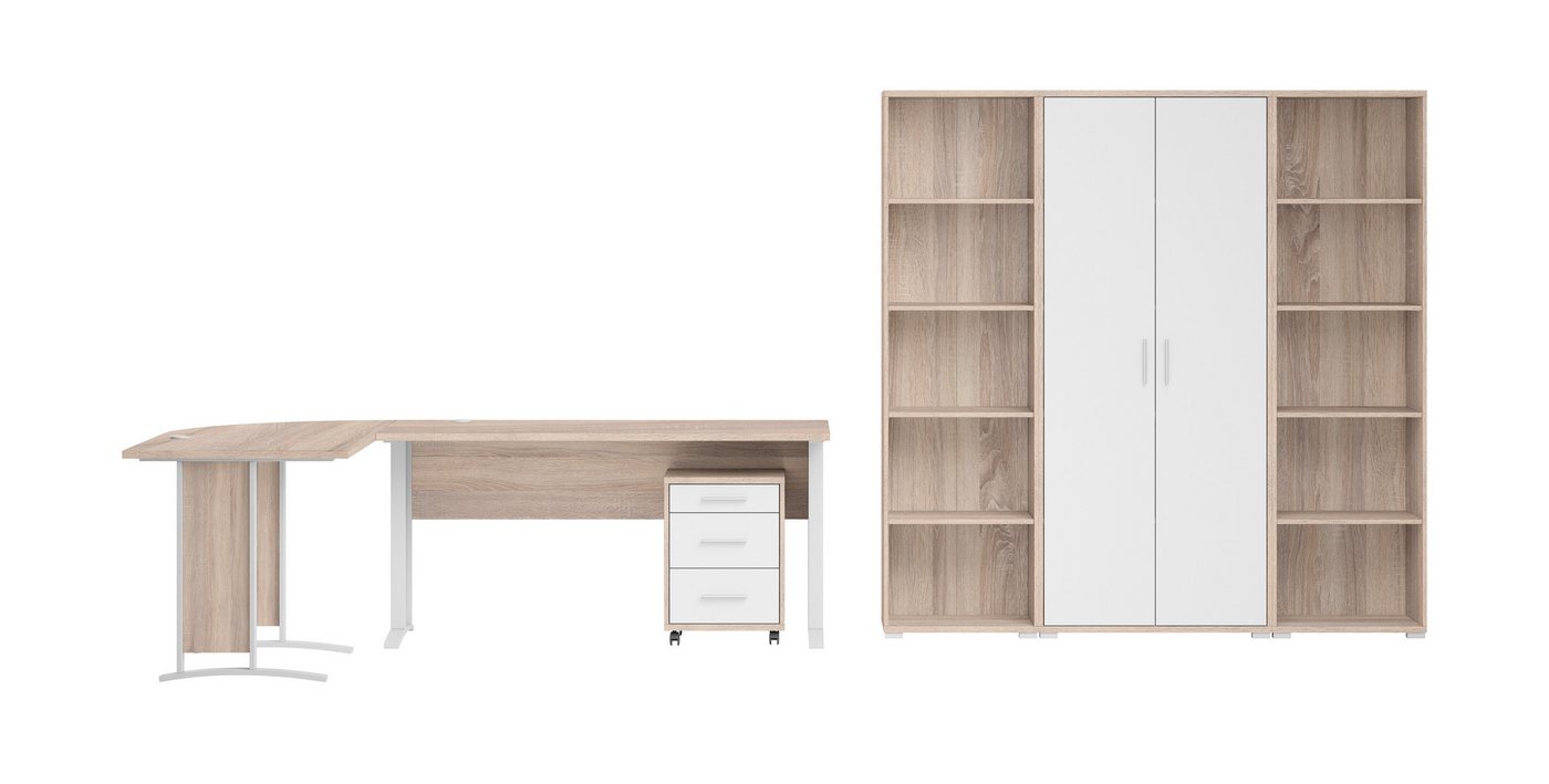 moebel-dich-auf Büromöbel-Set OFFICE LINE, (Spar-Set, 5-tlg., Winkelschreibtisch mit Rollcontainer + Aktenschrank + 2 Aktenregale), in Eiche Sonoma / weiß matt – Bild 2 von 5