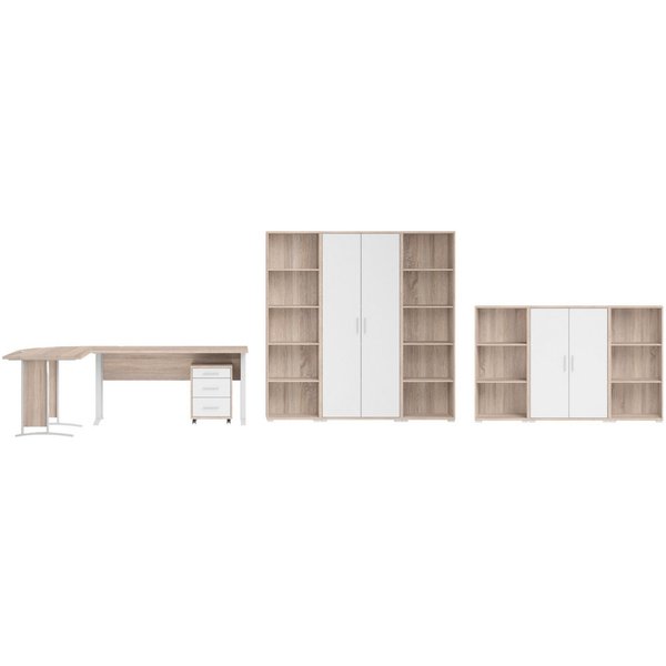 moebel-dich-auf Büromöbel-Set OFFICE LINE, (Komplett-Set, 8-tlg., Winkelschreibtisch mit Rollcontainer + 2 Aktenschränke + 4 Aktenregale), in Eiche Sonoma / Wei