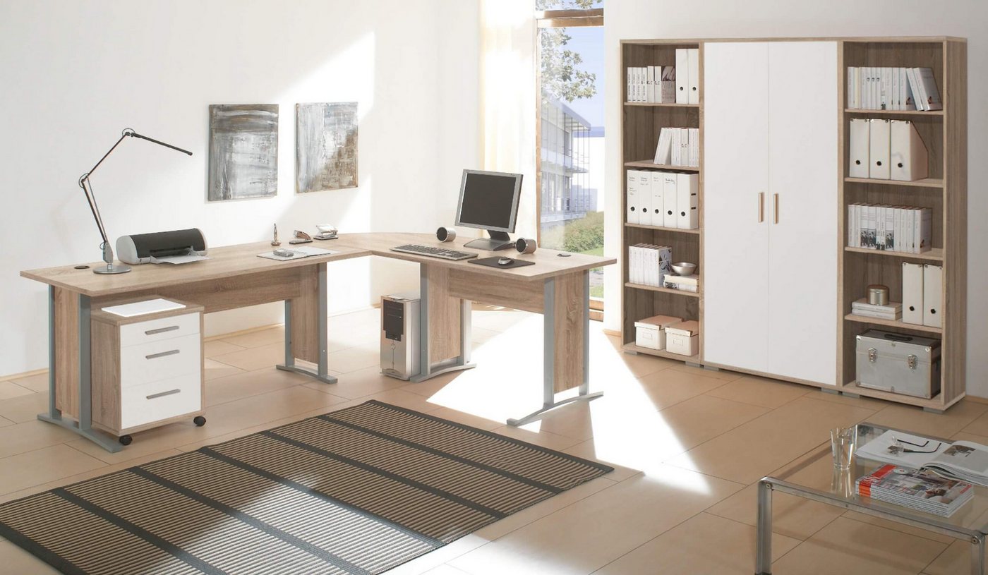 moebel-dich-auf Büromöbel-Set OFFICE LINE, (Komplett-Set, 8-tlg., Winkelschreibtisch mit Rollcontainer + 2 Aktenschränke + 4 Aktenregale), in Eiche Sonoma / Wei – Bild 3 von 5