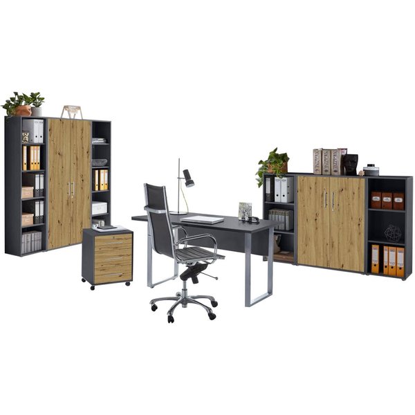 moebel-dich-auf Büromöbel-Set TABOR Set 5, (abschließbar, 8-tlg., Schreibtisch mit Rollcontainer + 2 Aktenschränke + 4 Aktenregale), mit Edelstahlgriffen & lack