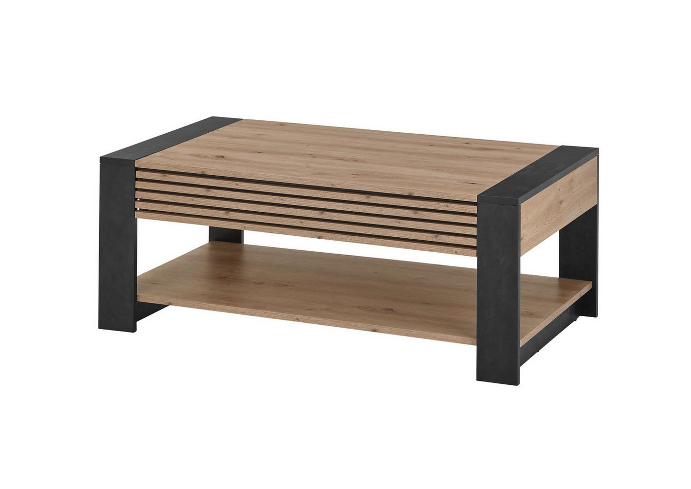 moebel-dich-auf Couchtisch LETIZIA (Artisan Eiche Dekor mit aufgesetzten Stäbchen, Absetzung schwarz Dekor, inkl. Schubkasten), MDF Front mit aufgesetzten Stäbc – Bild 2 von 5