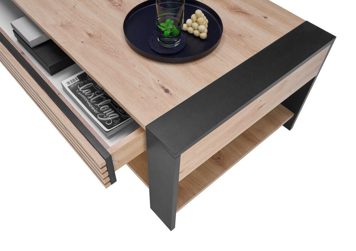 moebel-dich-auf Couchtisch LETIZIA (Artisan Eiche Dekor mit aufgesetzten Stäbchen, Absetzung schwarz Dekor, inkl. Schubkasten), MDF Front mit aufgesetzten Stäbc – Bild 5 von 5