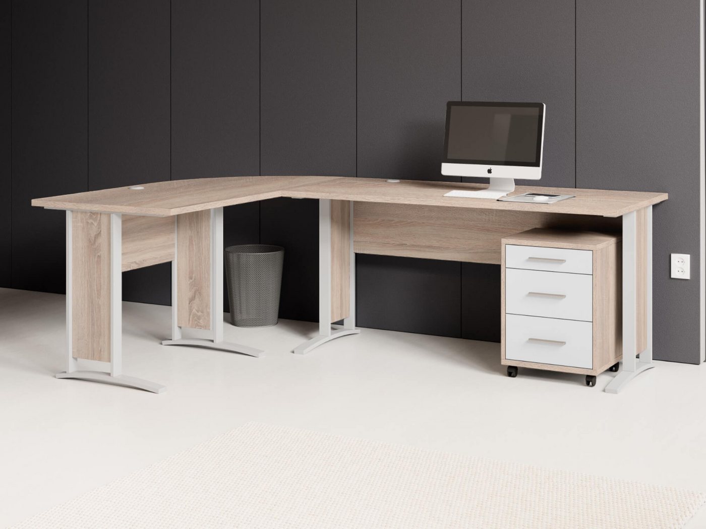 moebel-dich-auf Eckschreibtisch OFFICE LINE (Winkelschreibtisch, inkl. Rollcontainer), in Eiche Sonoma / weiß, wechselseitig montierbar – Bild 2 von 5
