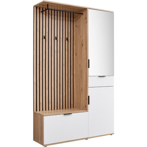 moebel-dich-auf Kompaktgarderobe MONTE CARLO (mit Spiegel in Artisan Eiche, Weiß, Flurgarderobe BxHxT 122x195x35 cm) mit Bank, Paneel, Schuhkommode, Schubkasten