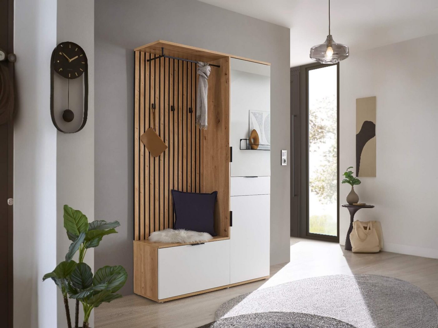 moebel-dich-auf Kompaktgarderobe MONTE CARLO (mit Spiegel in Artisan Eiche, Weiß, Flurgarderobe BxHxT 122x195x35 cm) mit Bank, Paneel, Schuhkommode, Schubkasten – Bild 2 von 5