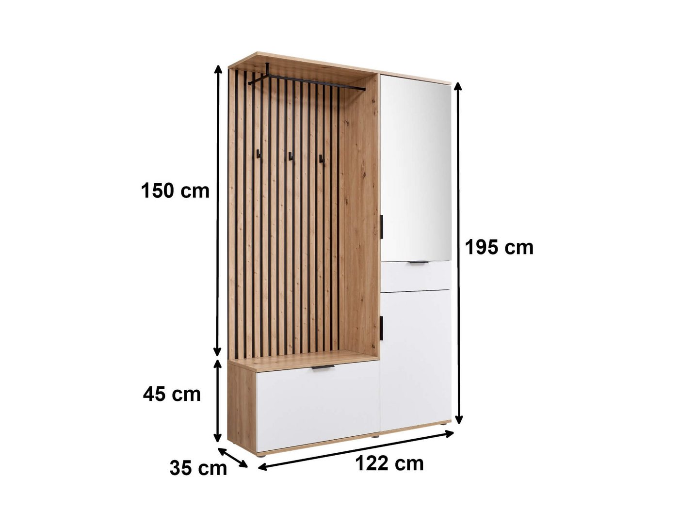 moebel-dich-auf Kompaktgarderobe MONTE CARLO (mit Spiegel in Artisan Eiche, Weiß, Flurgarderobe BxHxT 122x195x35 cm) mit Bank, Paneel, Schuhkommode, Schubkasten – Bild 3 von 5