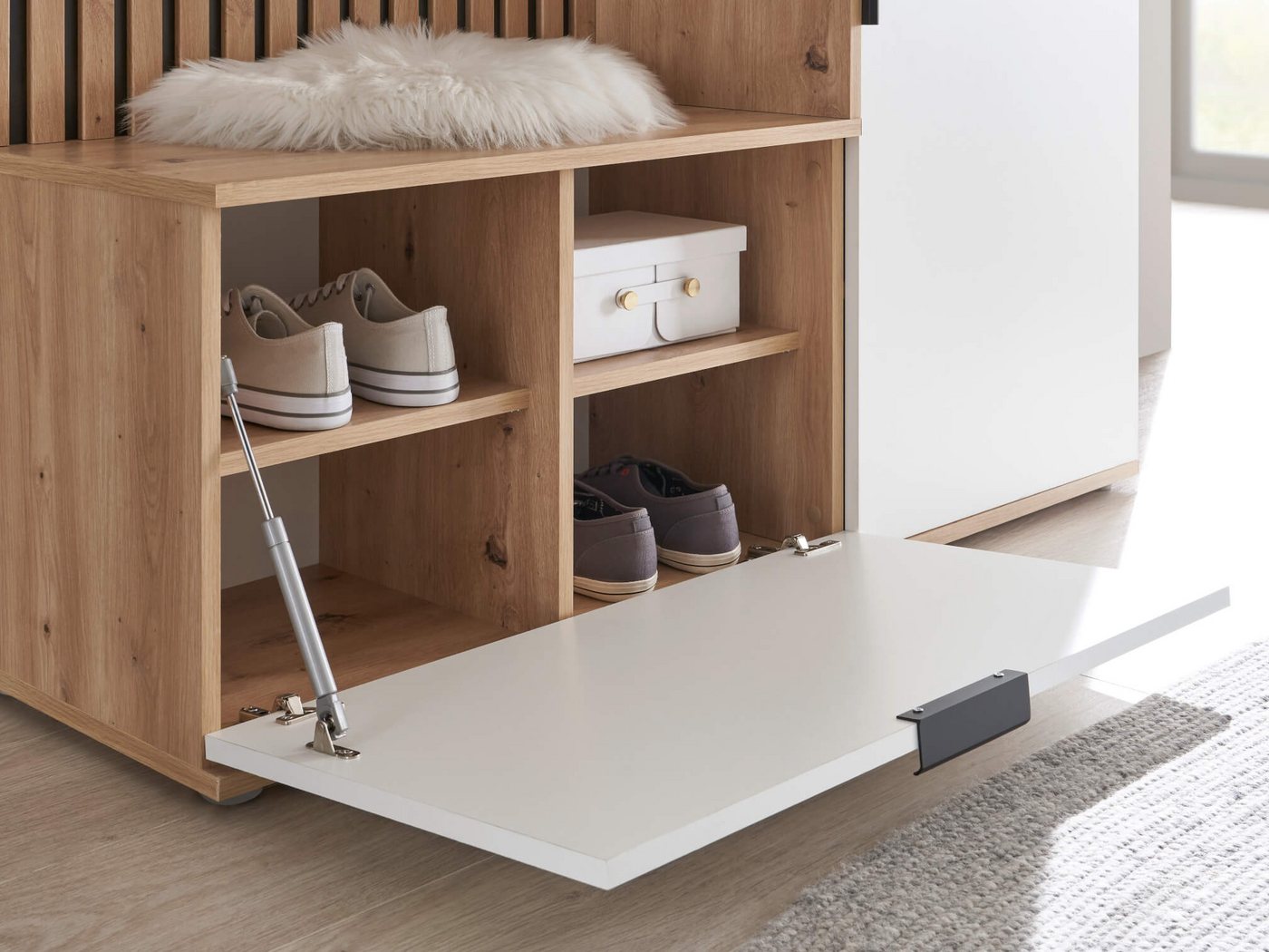 moebel-dich-auf Kompaktgarderobe MONTE CARLO (mit Spiegel in Artisan Eiche, Weiß, Flurgarderobe BxHxT 122x195x35 cm) mit Bank, Paneel, Schuhkommode, Schubkasten – Bild 5 von 5