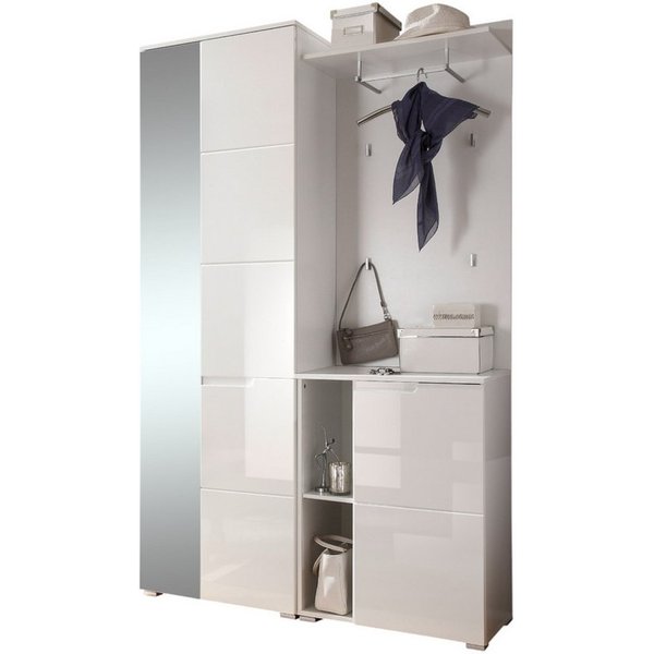 moebel-dich-auf Kompaktgarderobe SLICE (Garderobenschrank + Paneel + Schuhschrank, weiß / MDF weiß Hochglanz) 120 cm breit