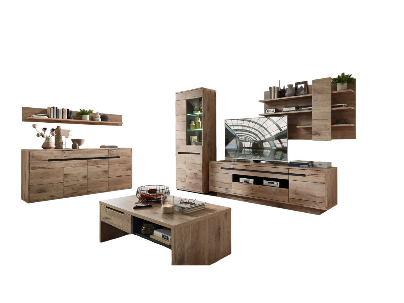 moebel-dich-auf Wohnwand BELLINZONA, (Wohnzimmer-Set, Vitrine + Wandboard + Lowboard), inkl. LED-Beleuchtung, optional mit Couchtisch & Sideboard – Bild 2 von 5