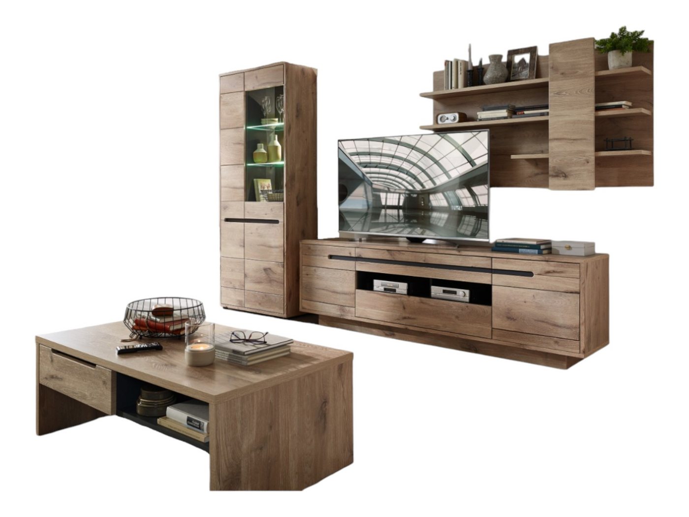 moebel-dich-auf Wohnwand BELLINZONA, (Wohnzimmer-Set, Vitrine + Wandboard + Lowboard), inkl. LED-Beleuchtung, optional mit Couchtisch & Sideboard – Bild 2 von 5