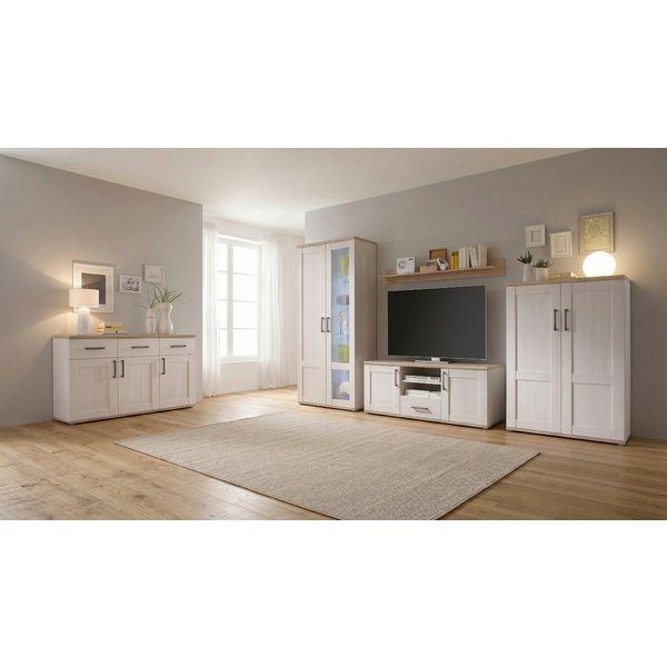moebel-dich-auf Wohnwand ELEGANCE, (in Sibiu-Lärche Nb. Absetzung: San Remo hell, Vitrine + Wandboard + Lowboard + Stauraumelement), im Landhausstil inkl. LED-B
