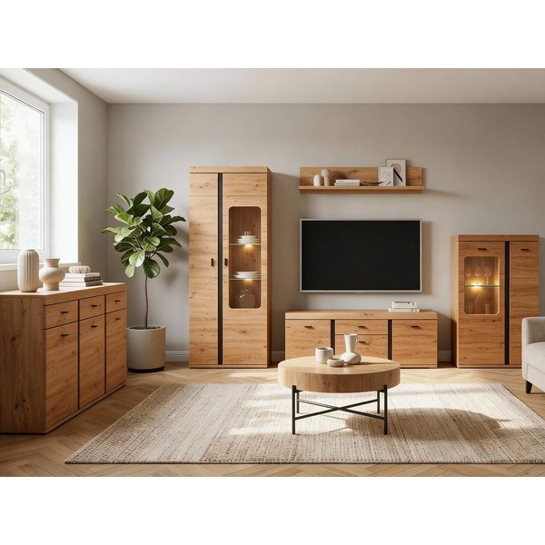 moebel-dich-auf Wohnwand KOS, (in Artisan Eiche, Vitrine + Wandboard + Lowboard + Stauraumelement), Softclose, inkl. LED-Beleuchtung