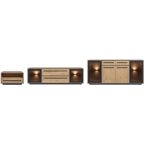 moebel-dich-auf Wohnwand NARDO, (Wildeiche / Absetzung: Anthrazit, 1-St., Verschiedene Board-Sets), Braunglas, Softclose, inkl. LED-Beleuchtung