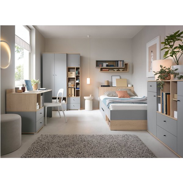 möbel-direkt.de Jugendzimmer-Set Nova in Grau und Eiche, (Komplett Set, 8-tlg., in verschiedenen Varianten oder als Einzelmöbel wählbar), Fronten mit ABS-Kanten