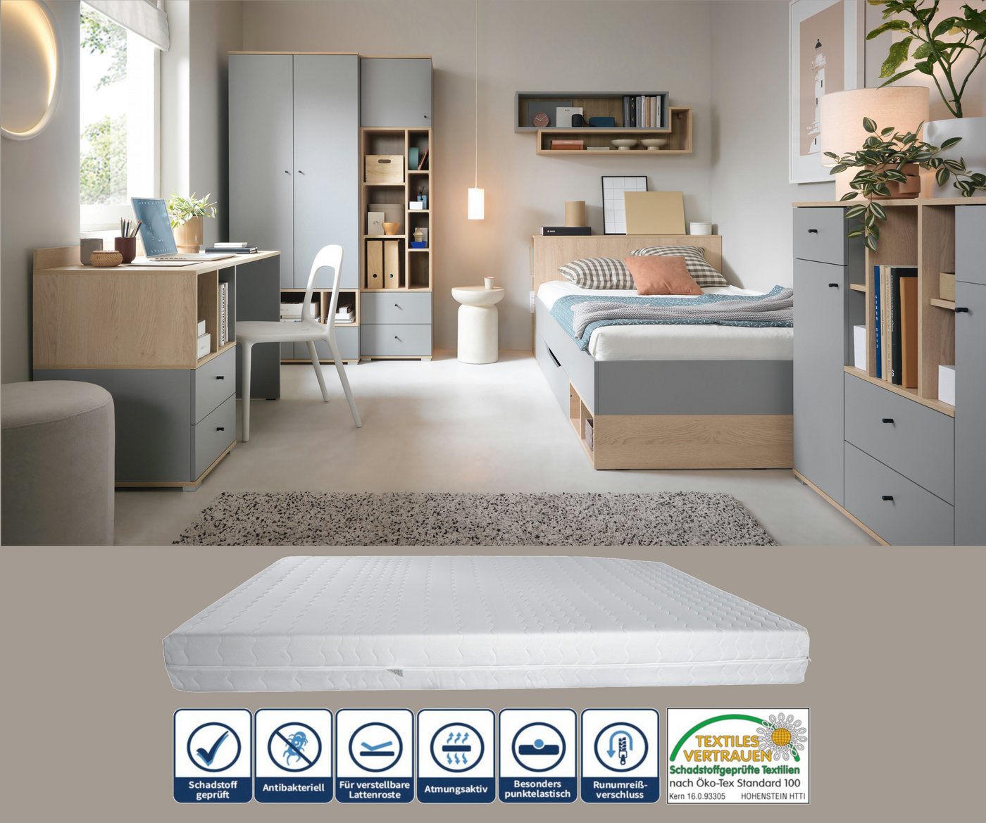möbel-direkt.de Jugendzimmer-Set Nova in Grau und Eiche, (Komplett Set, 8-tlg., in verschiedenen Varianten oder als Einzelmöbel wählbar), Fronten mit ABS-Kanten – Bild 2 von 5