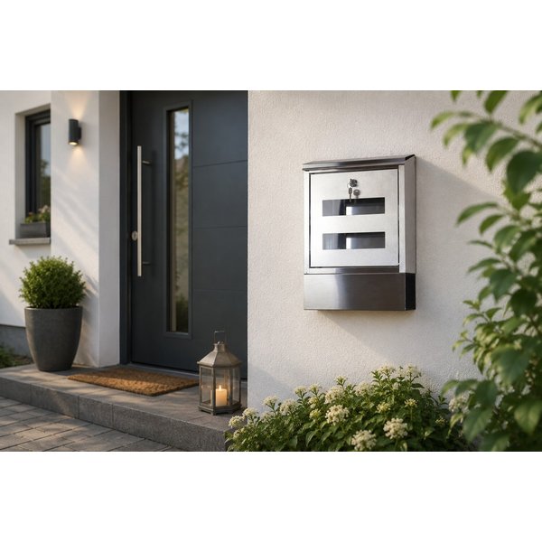 moebel-direkt-online Briefkasten Edelstahl-Briefkasten mit separatem Zeitungsfach, Aus Stahlblech. Inklusive 2 Schlüssel