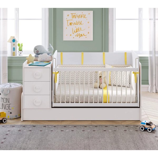 Möbel-Zeit Babybett mit Schaukelfunktion, umbaubar zum Kinderbett + Tisch + Kommode, Schaukelbar. Umbaubar zum Kinderbett.