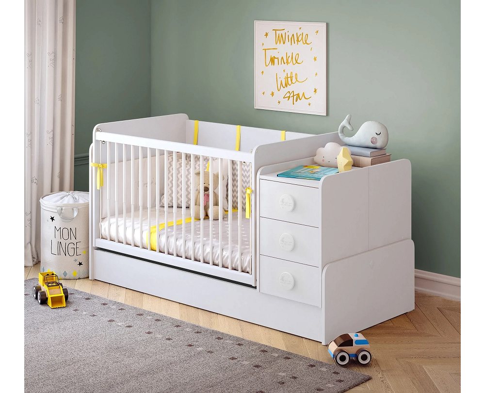 Möbel-Zeit Babybett mit Schaukelfunktion, umbaubar zum Kinderbett + Tisch + Kommode, Schaukelbar. Umbaubar zum Kinderbett. – Bild 2 von 5