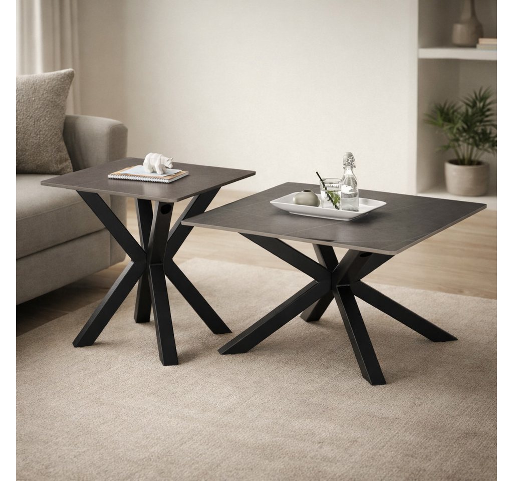 möbelando Couchtisch Janin, (2er-Set) Steinoptik-grau / schwarz- 80x45x80 / 55x55x55 (B/H/T) – Bild 2 von 5