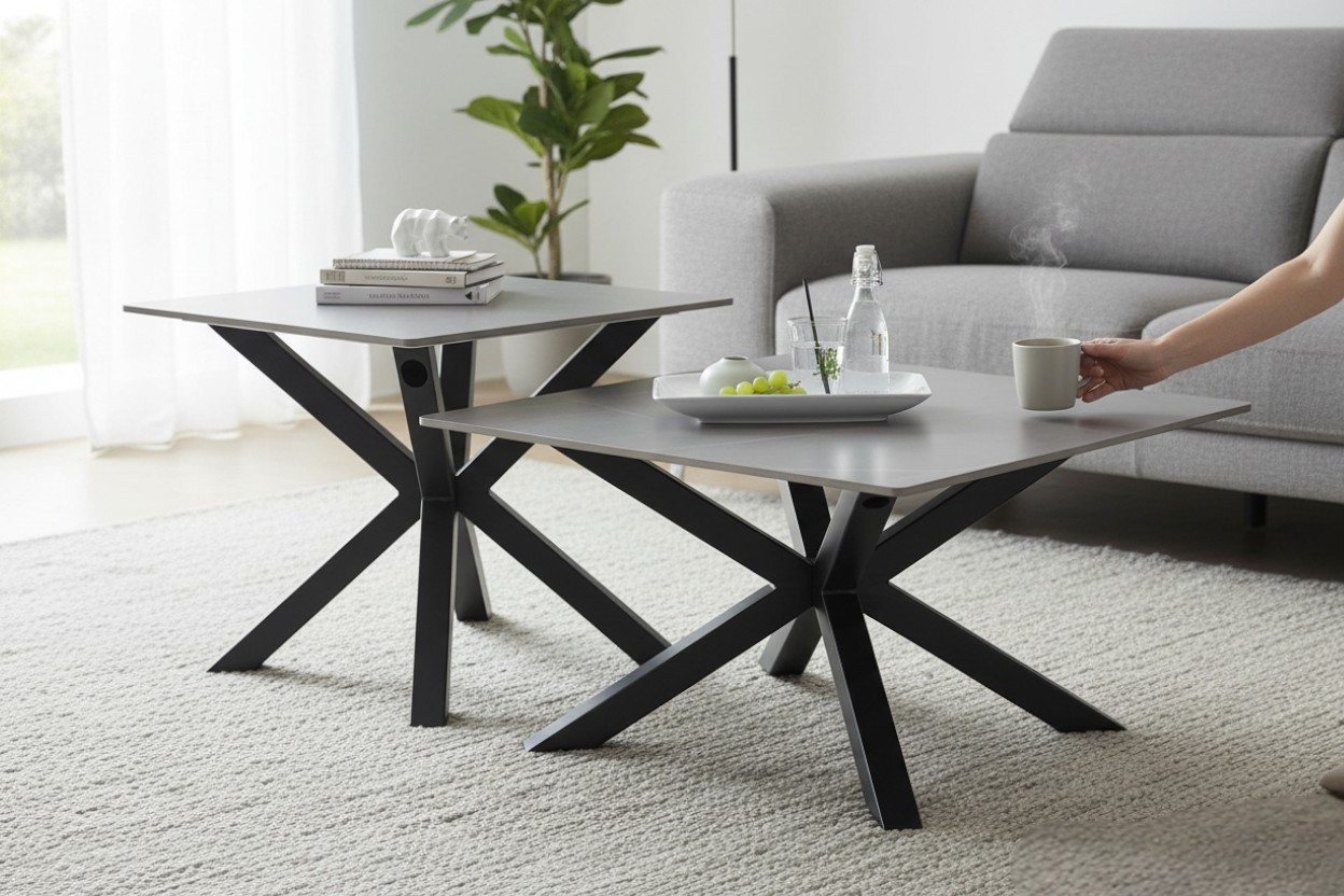 möbelando Couchtisch Janin, (2er-Set) Steinoptik-grau / schwarz- 80x45x80 / 55x55x55 (B/H/T) – Bild 3 von 5