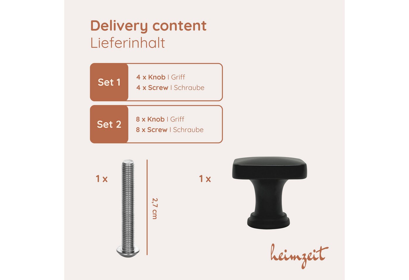 heimzeit Möbelgriff heimzeit Möbelknöpfe Quadratisch (Set, 4-St), für Schubladen, Türen und Kommoden, inkl. Schraube – Bild 5 von 5