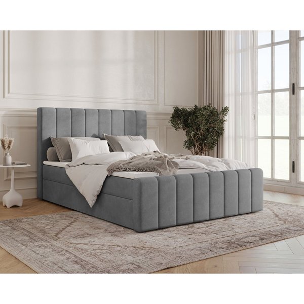 MOEBLO Boxbett BETT 01 BIS (Bonell, Topper, modernes Velours-Design mit Steppung & Stauraum, Doppelbett gepolstertes Kopfteil mit Bettkasten, aus Samt, Polsterb