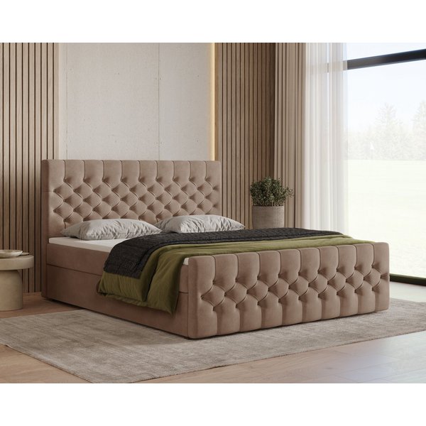 MOEBLO Boxbett Bett 12 (Luxusbett im Chesterfield-Design, 160x200 cm, Velours-Bezug, Hoher Schlafkomfort, modernes Velours-Design mit Steppung Polsterbett Konti