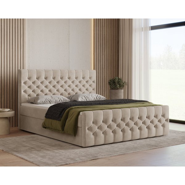 MOEBLO Boxbett Bett 12 (Luxusbett im Chesterfield-Design, 180x200 cm, Velours-Bezug, Hoher Schlafkomfort, modernes Velours-Design mit Steppung Polsterbett Konti