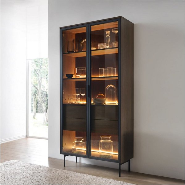 MOEBLO Glasvitrine ELOA 2d2s (Elegantes Sideboard mit Ornamentglas oder Gehärtetem Glas, LED-Beleuchtung, Metallakzenten in Kaschmir oder Eiche Dunin, Hohe Schr