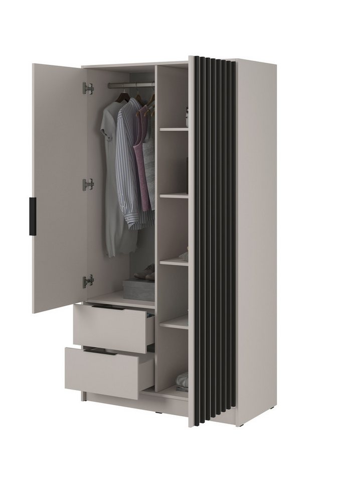 MOEBLO Kleiderschrank JOHN (Latten aus Holz, Loft Stil IndustrieSchrank Aufbewahrungsschrank (Spannstange) mit Regalböden Spannstange & 2 Schubladen, Industries – Bild 3 von 5