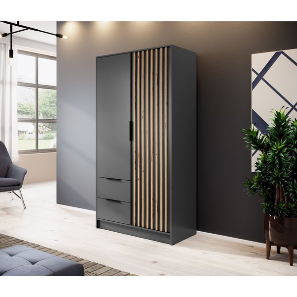 MOEBLO Kleiderschrank JOHN (Latten aus Holz, Loft Stil IndustrieSchrank Aufbewahrungsschrank (Spannstange) mit Regalböden Spannstange & 2 Schubladen, Industries