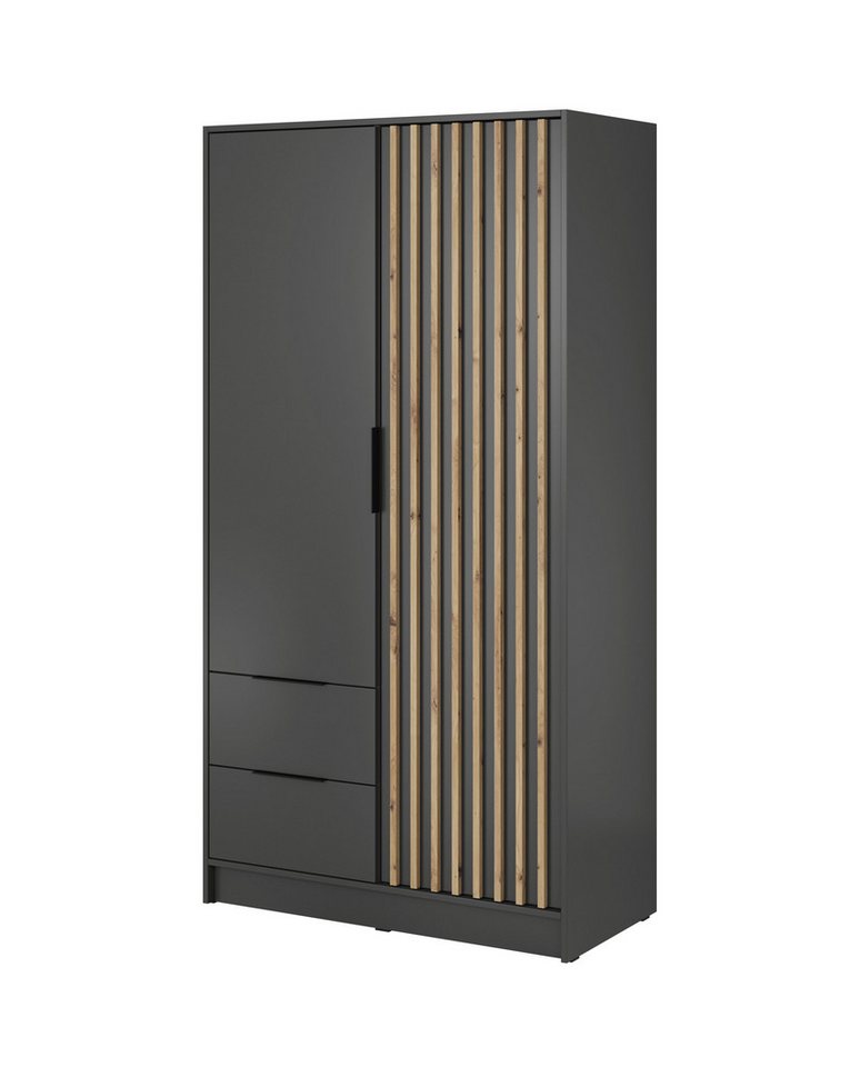 MOEBLO Kleiderschrank JOHN (Latten aus Holz, Loft Stil IndustrieSchrank Aufbewahrungsschrank (Spannstange) mit Regalböden Spannstange & 2 Schubladen, Industries – Bild 2 von 5