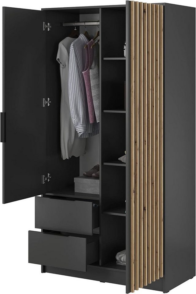 MOEBLO Kleiderschrank JOHN (Latten aus Holz, Loft Stil IndustrieSchrank Aufbewahrungsschrank (Spannstange) mit Regalböden Spannstange & 2 Schubladen, Industries – Bild 3 von 5