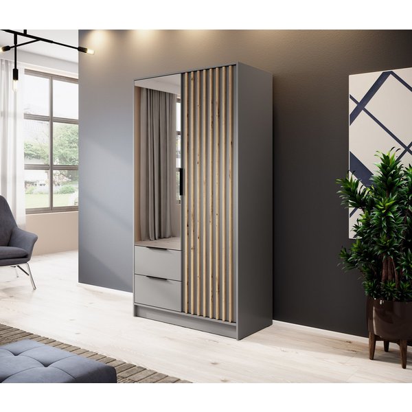 MOEBLO Kleiderschrank JOHN (Latten aus Holz, Loft Stil IndustrieSchrank Aufbewahrungsschrank (Spannstange) mit Regalböden Spannstange & 2 Schubladen, Industries