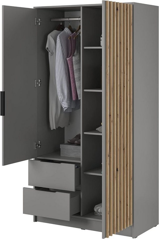 MOEBLO Kleiderschrank JOHN (Latten aus Holz, Loft Stil IndustrieSchrank Aufbewahrungsschrank (Spannstange) mit Regalböden Spannstange & 2 Schubladen, Industries – Bild 3 von 5