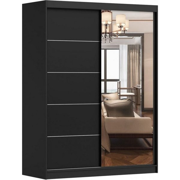 MOEBLO Kleiderschrank LARA 05 (mit Spiegel Schwebetürenschrank 2-türig Schrank mit vielen Einlegeböden und Kleiderstange, Gaderobe Schiebtüren Schlafzimmer-Wohn