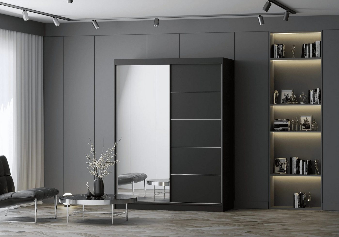 MOEBLO Kleiderschrank LARA 05 (mit Spiegel Schwebetürenschrank 2-türig Schrank mit vielen Einlegeböden und Kleiderstange, Gaderobe Schiebtüren Schlafzimmer-Wohn – Bild 2 von 5