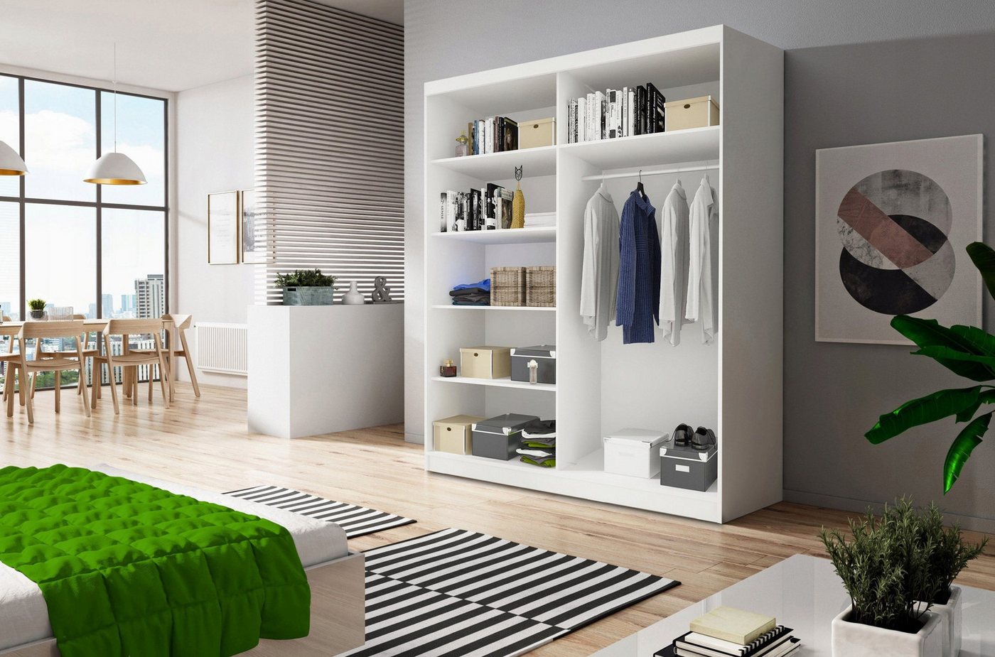 MOEBLO Kleiderschrank LARA 05 (mit Spiegel Schwebetürenschrank 2-türig Schrank mit vielen Einlegeböden und Kleiderstange, Gaderobe Schiebtüren Schlafzimmer-Wohn – Bild 3 von 5