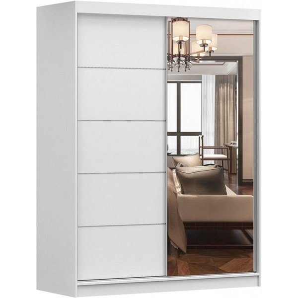 MOEBLO Kleiderschrank LARA 05 (mit Spiegel Schwebetürenschrank 2-türig Schrank mit vielen Einlegeböden und Kleiderstange, Gaderobe Schiebtüren Schlafzimmer-Wohn