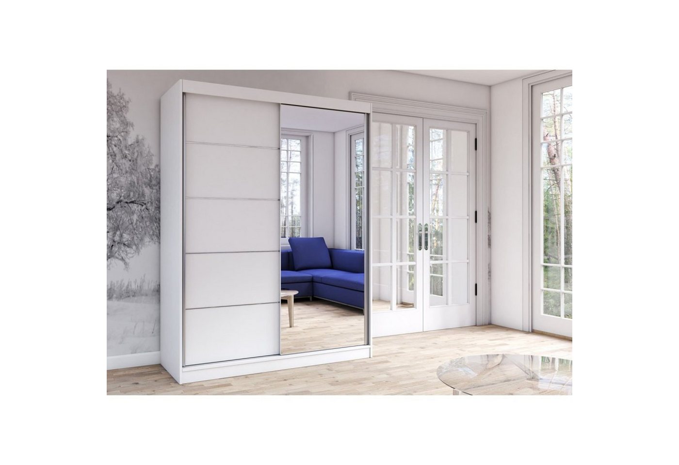 MOEBLO Kleiderschrank LARA 05 (mit Spiegel Schwebetürenschrank 2-türig Schrank mit vielen Einlegeböden und Kleiderstange, Gaderobe Schiebtüren Schlafzimmer-Wohn – Bild 2 von 5