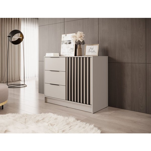 MOEBLO Kommode JOHN 2D (dekorative Lamellen Schrank Sideboard mit Türen und 3 Schubladen, Moderne Wohnzimmer Schlafzimmer Möbel Kommode für Wohnzimmer), (BxHxT)