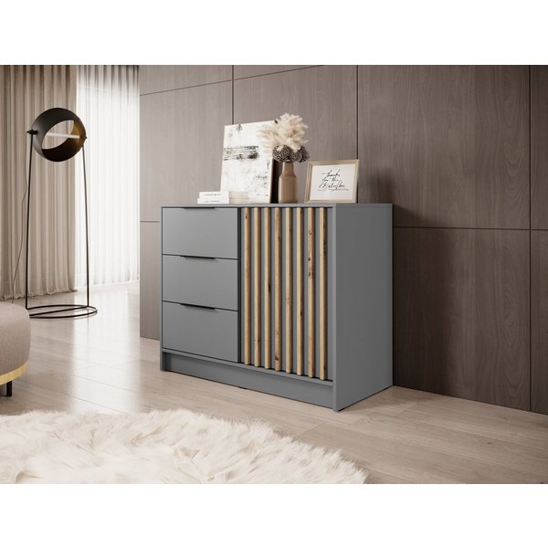 MOEBLO Kommode JOHN 2D (dekorative Lamellen Schrank Sideboard mit Türen und 3 Schubladen, Moderne Wohnzimmer Schlafzimmer Möbel Kommode für Wohnzimmer), (BxHxT)