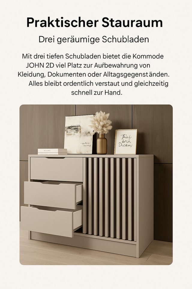 MOEBLO Kommode JOHN 2D (dekorative Lamellen Schrank Sideboard mit Türen und 3 Schubladen, Moderne Wohnzimmer Schlafzimmer Möbel Kommode für Wohnzimmer), (BxHxT) – Bild 5 von 5